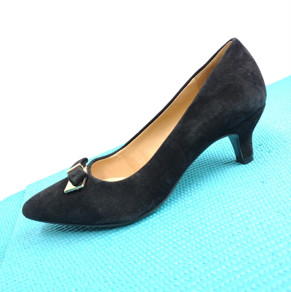 Carolyn Tucker Collection Katie Black Leather Suede Heels Pumps Shoes 6.5M